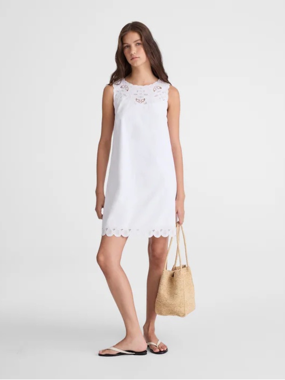 Madewell White Embroidered Mini Shift Dress in Poplin cotton euro summer coastal